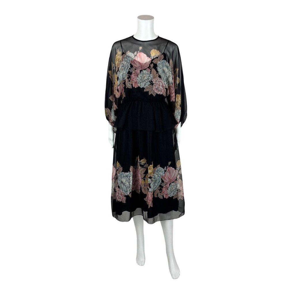 Vintage 70s Sheer Dress Women's XXS Pink Floral Balloon Sleeves Bohemian Fit & F